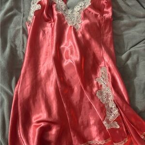 Frederick's of Hollywood Pink Satin Slip with Cream Lace Vintage